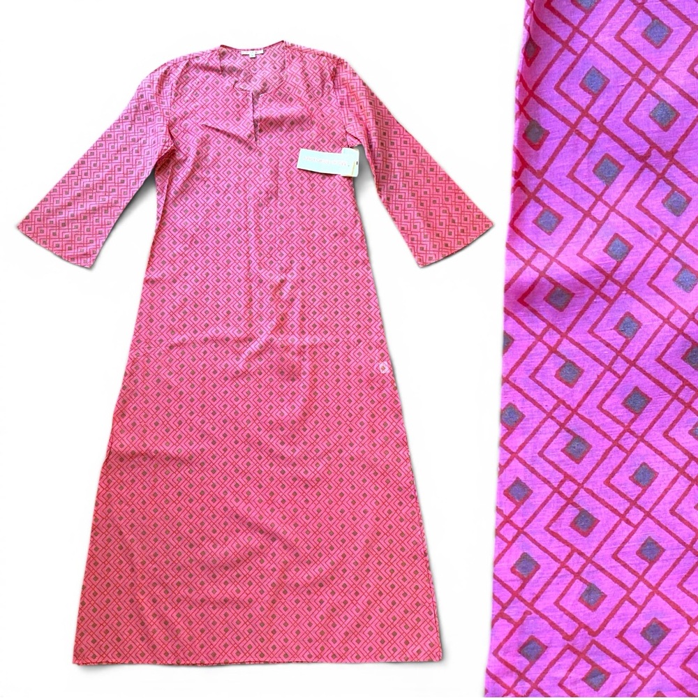 NWT Muriel Brandolini Silk Coverup Geometric Pink Silver Jelaba Caftan Dress M